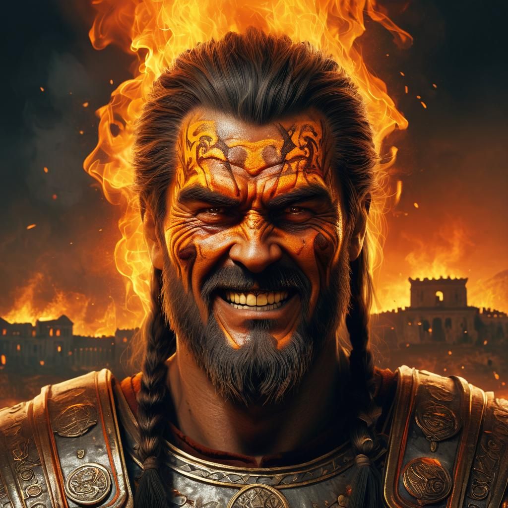 Attila the Hun Portrait with Burning City