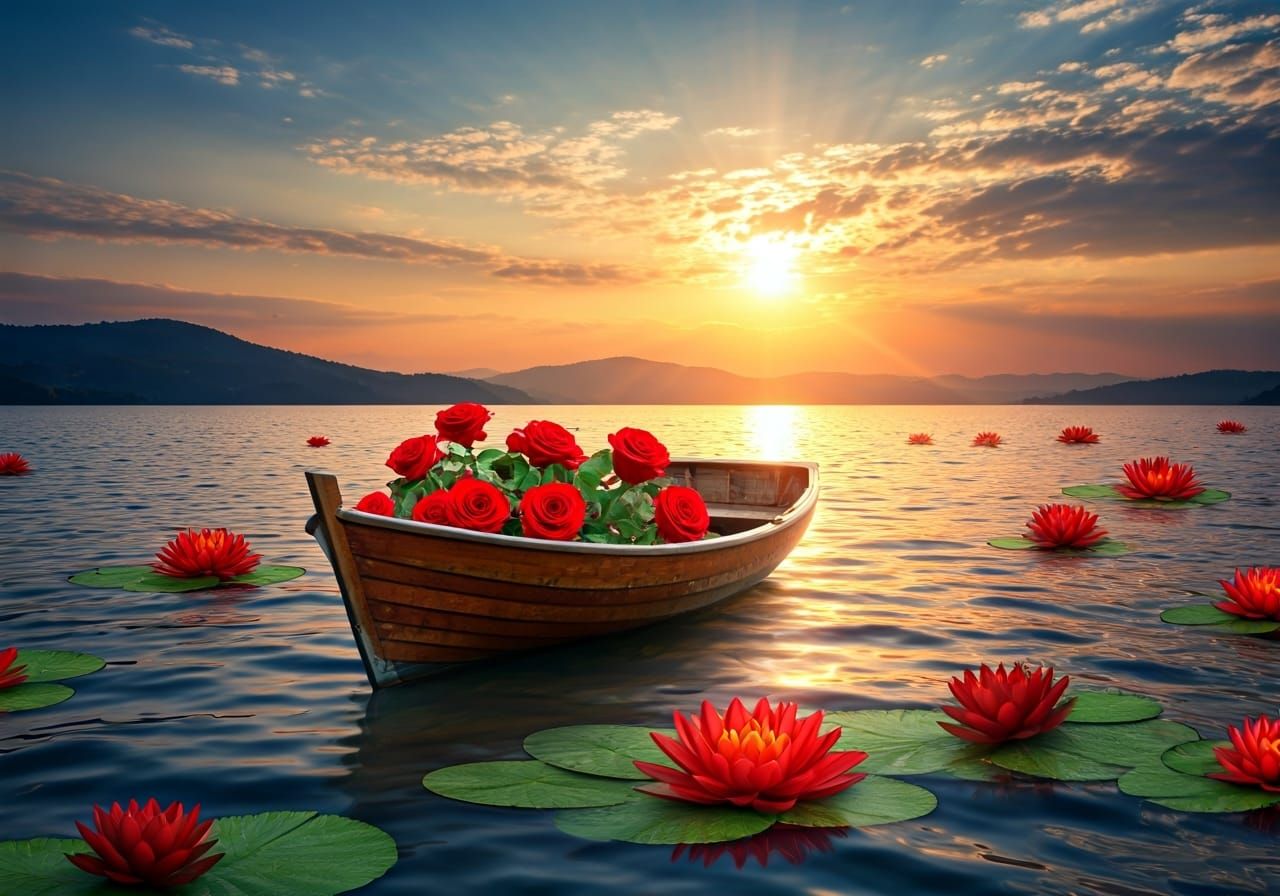 Sunrise Lake: Boat Overflowing with Red Roses