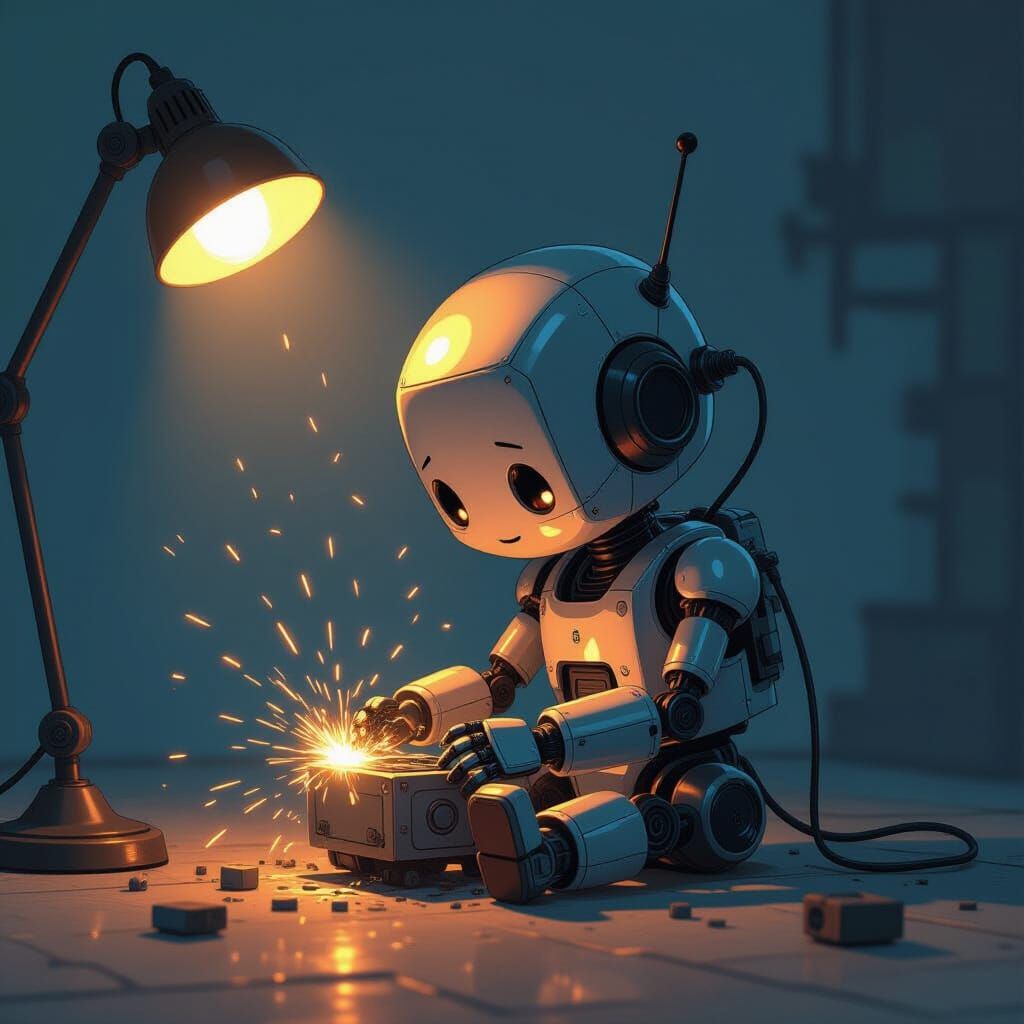 Cute Robot Repairs Itself in Moody Digital Painting