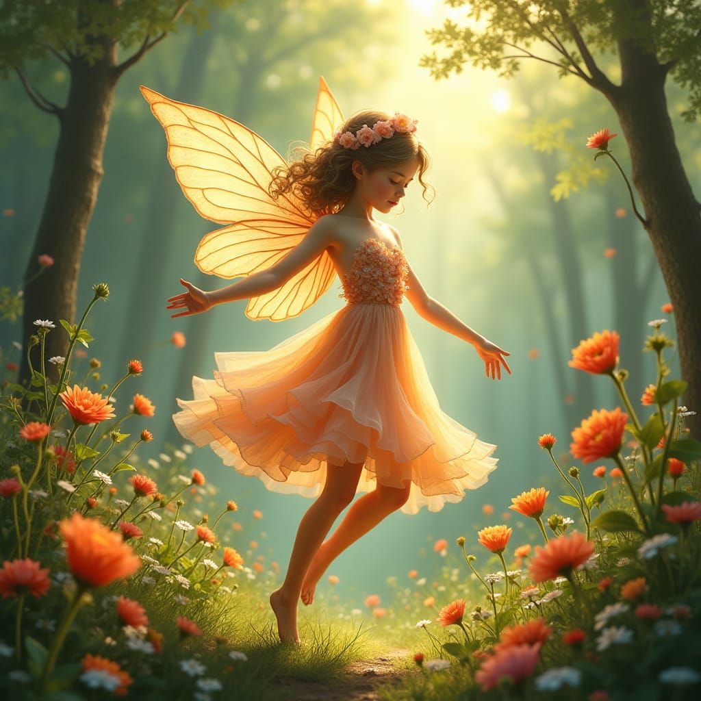 Fairy Dancing in a Flower Forest: Ethereal Faerie Art