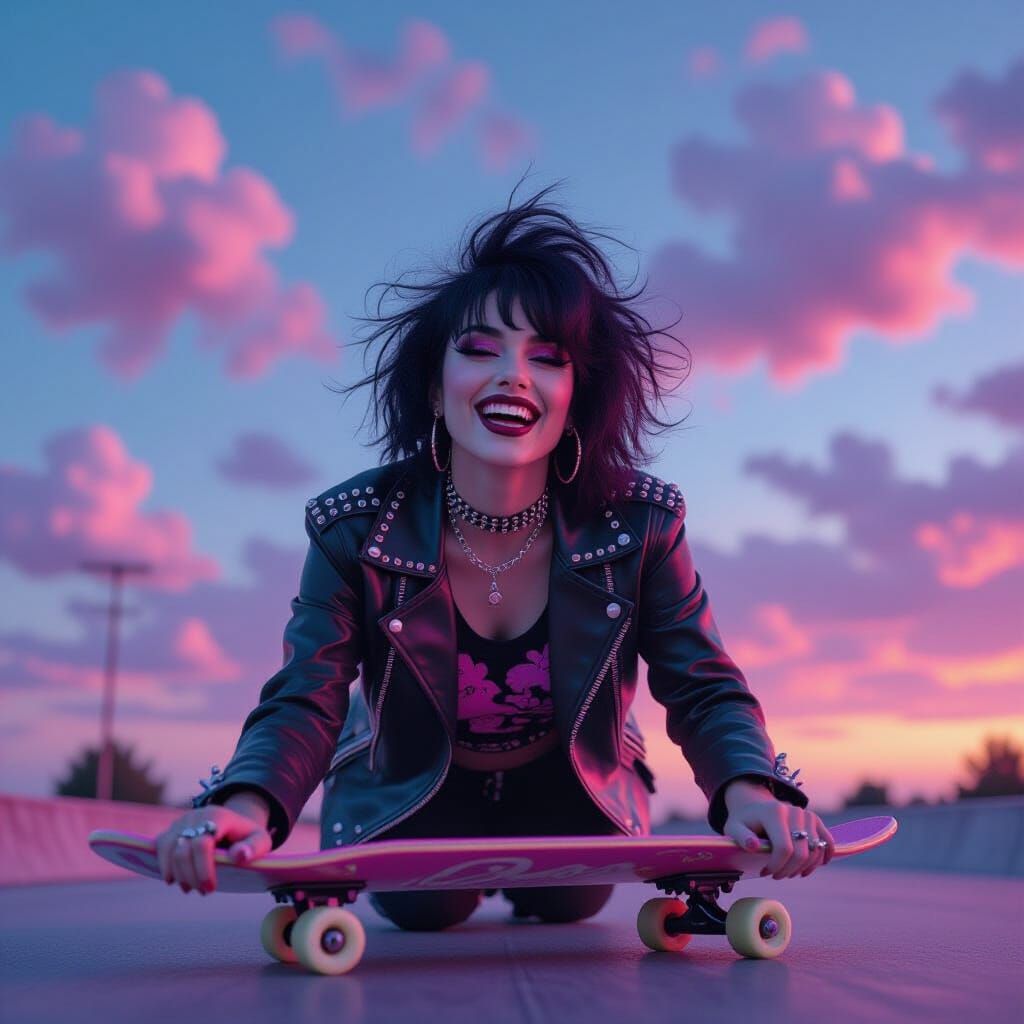 Goth Skater on Pink Skateboard Under Neon Clouds
