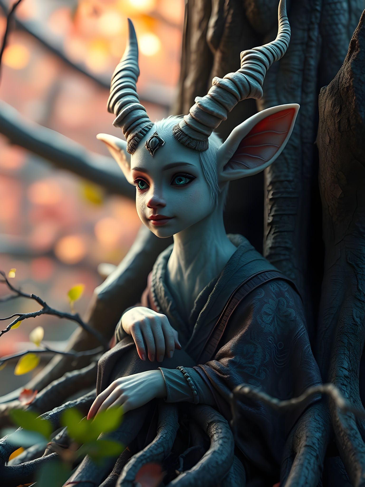 Dreamy Faun Hidden in Tree Roots: Ethereal 16K Render