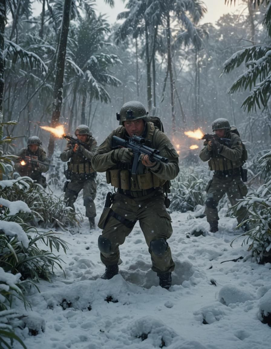 Soldiers in Snow Jungle Combat: Cinematic Film Still