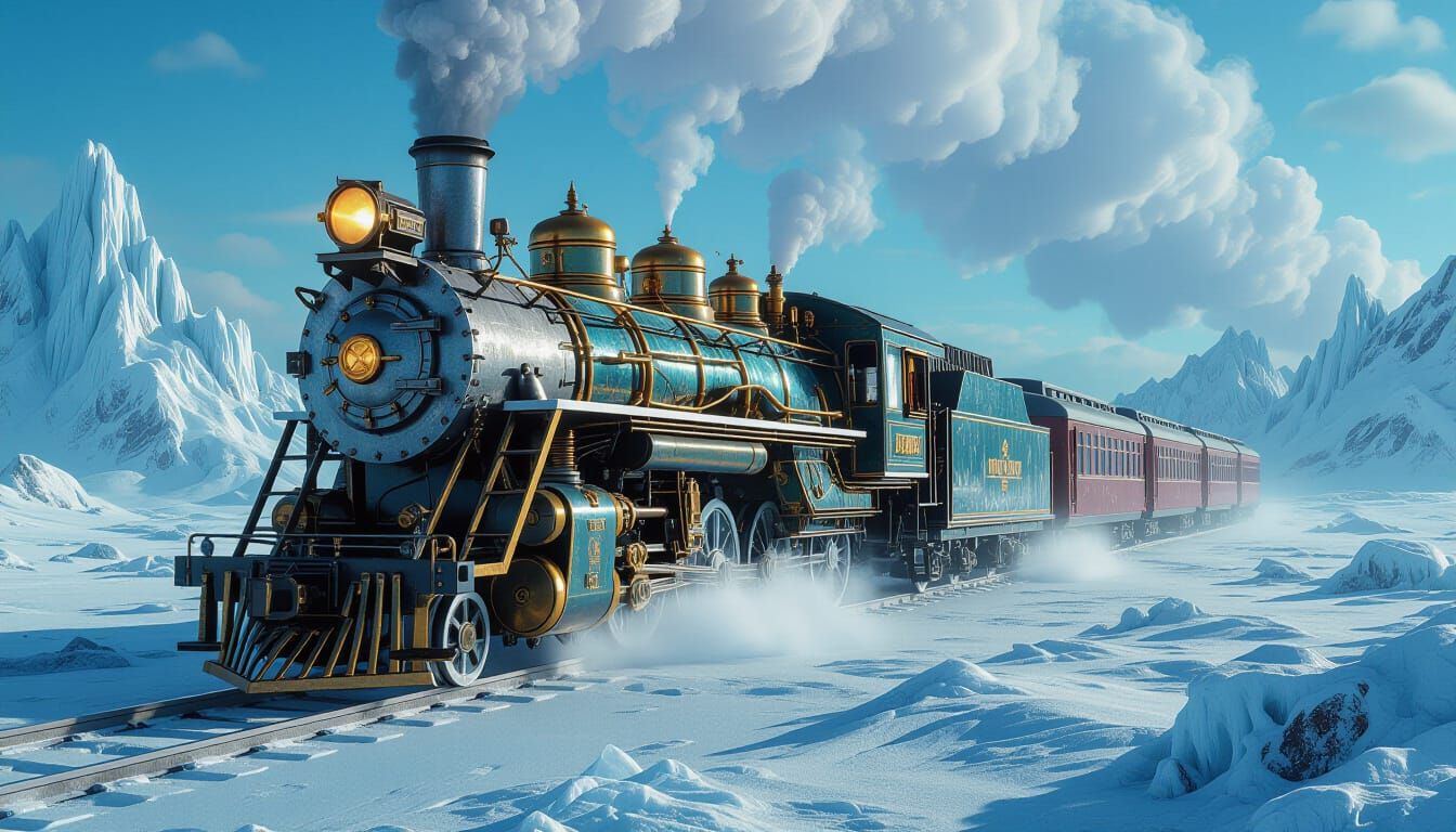 Steampunk Ice Train in Surreal Frozen Wasteland