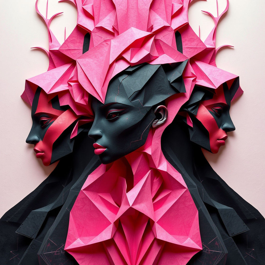 Biomechanical Abstract Collage in Pink and Black with Geomet...