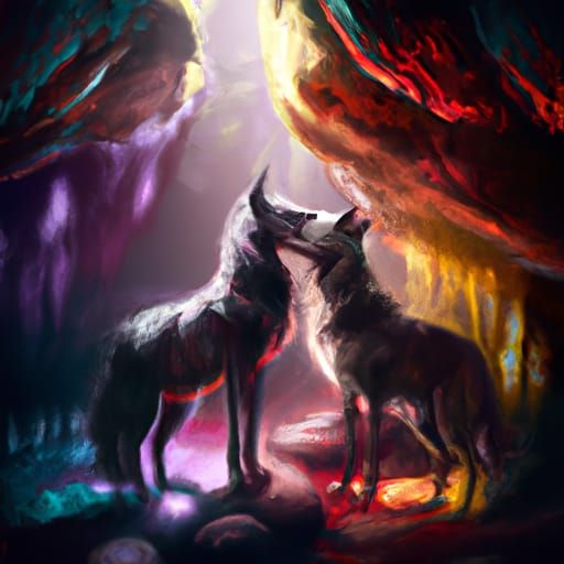 Wolves Nuzzle in Vibrant Cave: Digital Matte Painting