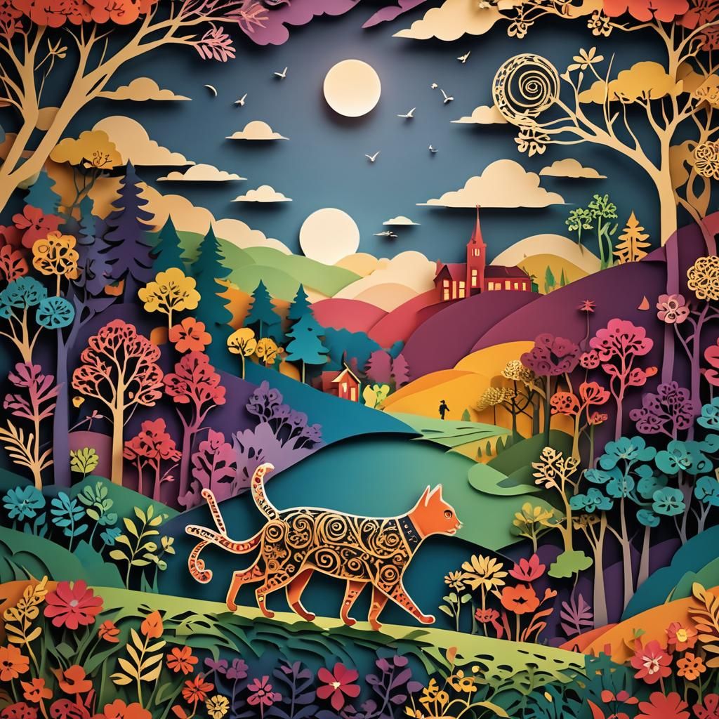 Folk Art Cat with Lantern in Papercut Style