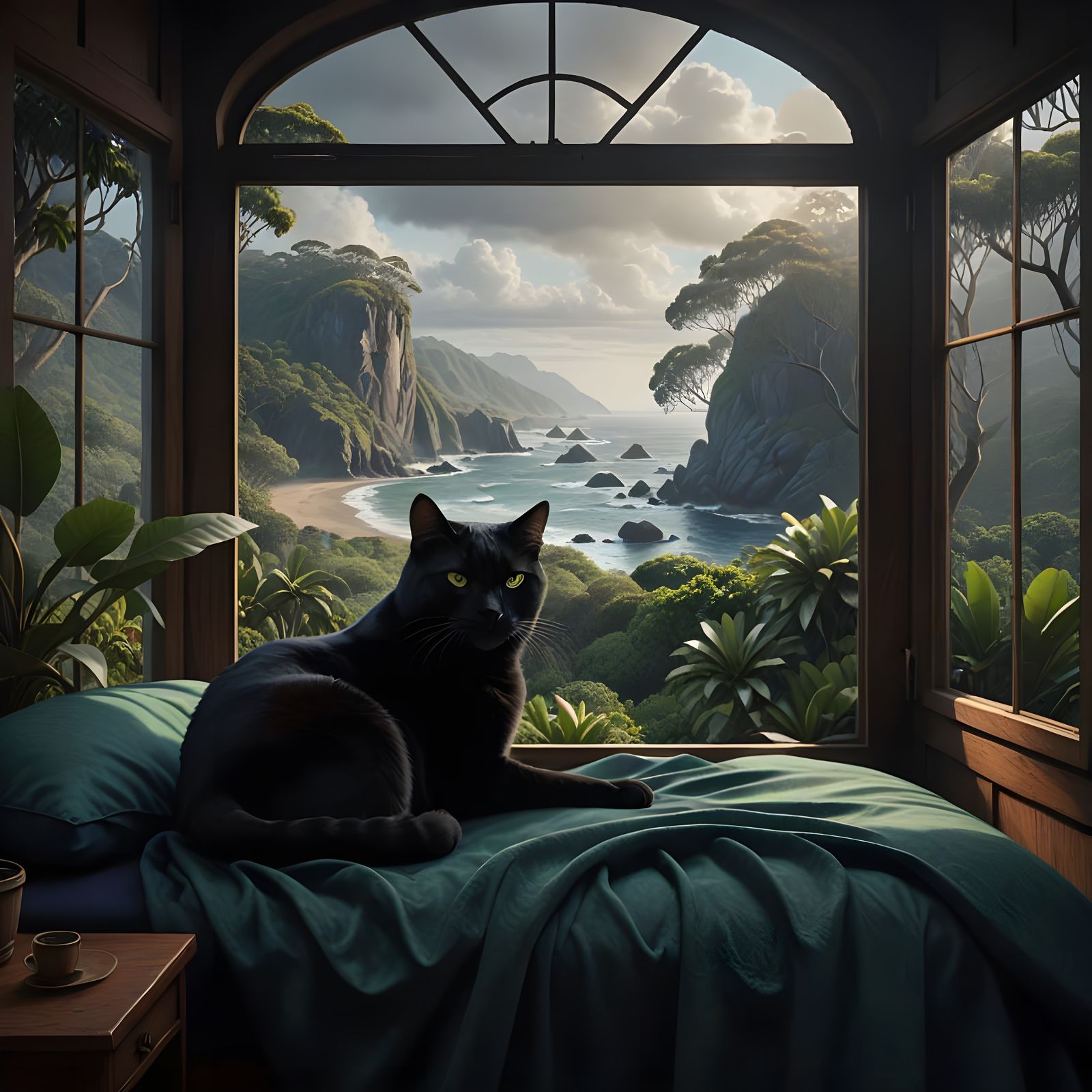 Realistic Black Cat Relaxing on Dark Green Couch