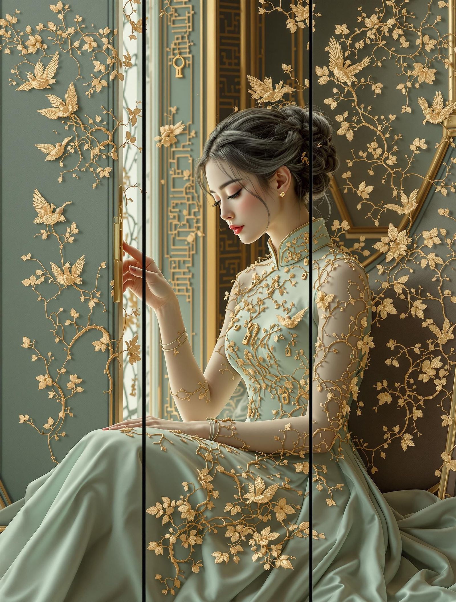 Hyperrealistic Silk Embroidery in Art Nouveau Chamber