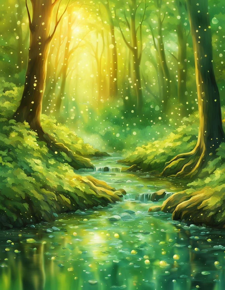 Glistening Stream in Mystical Forest as Oil Painting