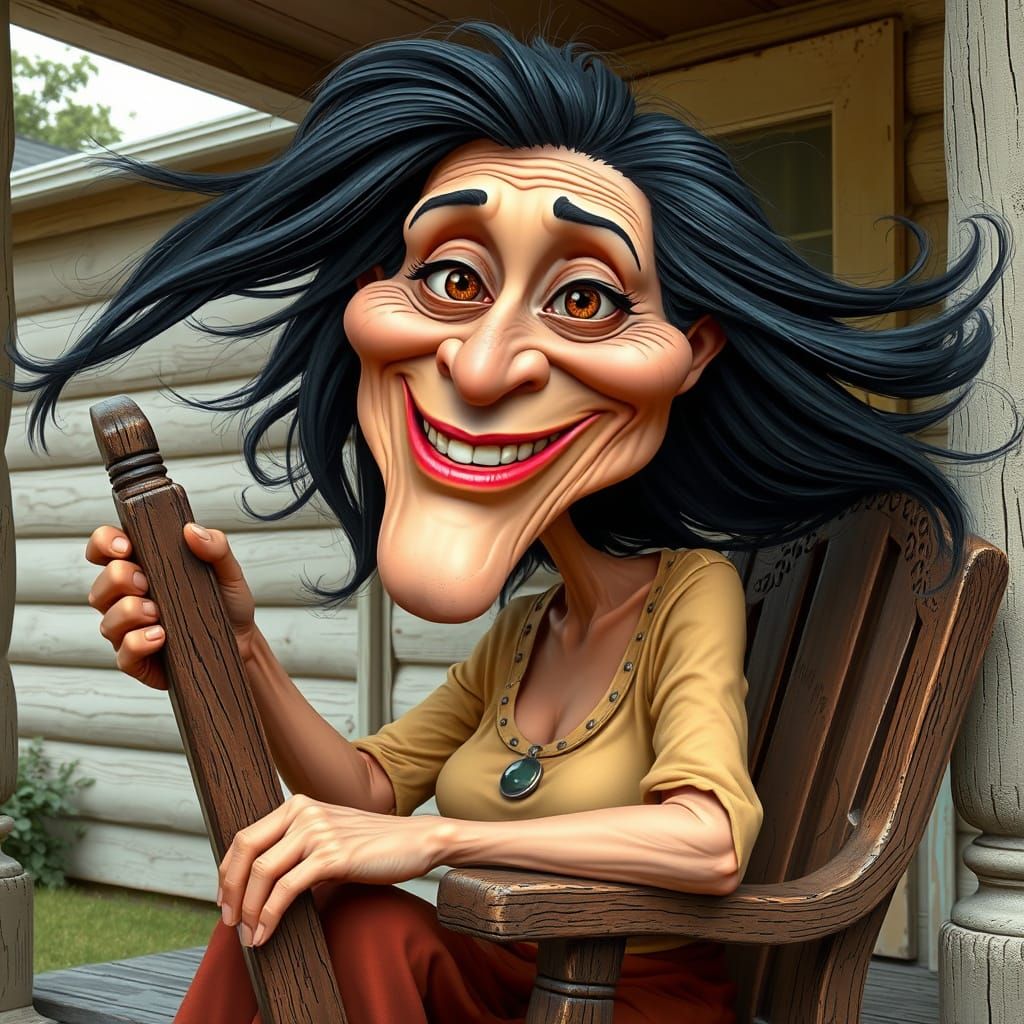 Whimsical Caricature of an Old Woman on Porch