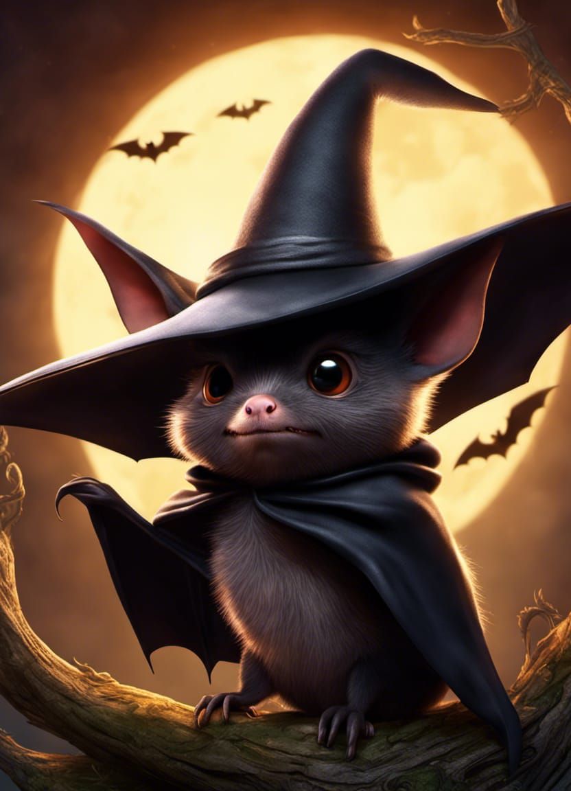 Cute Cartoon Bat Wearing a Witch Hat