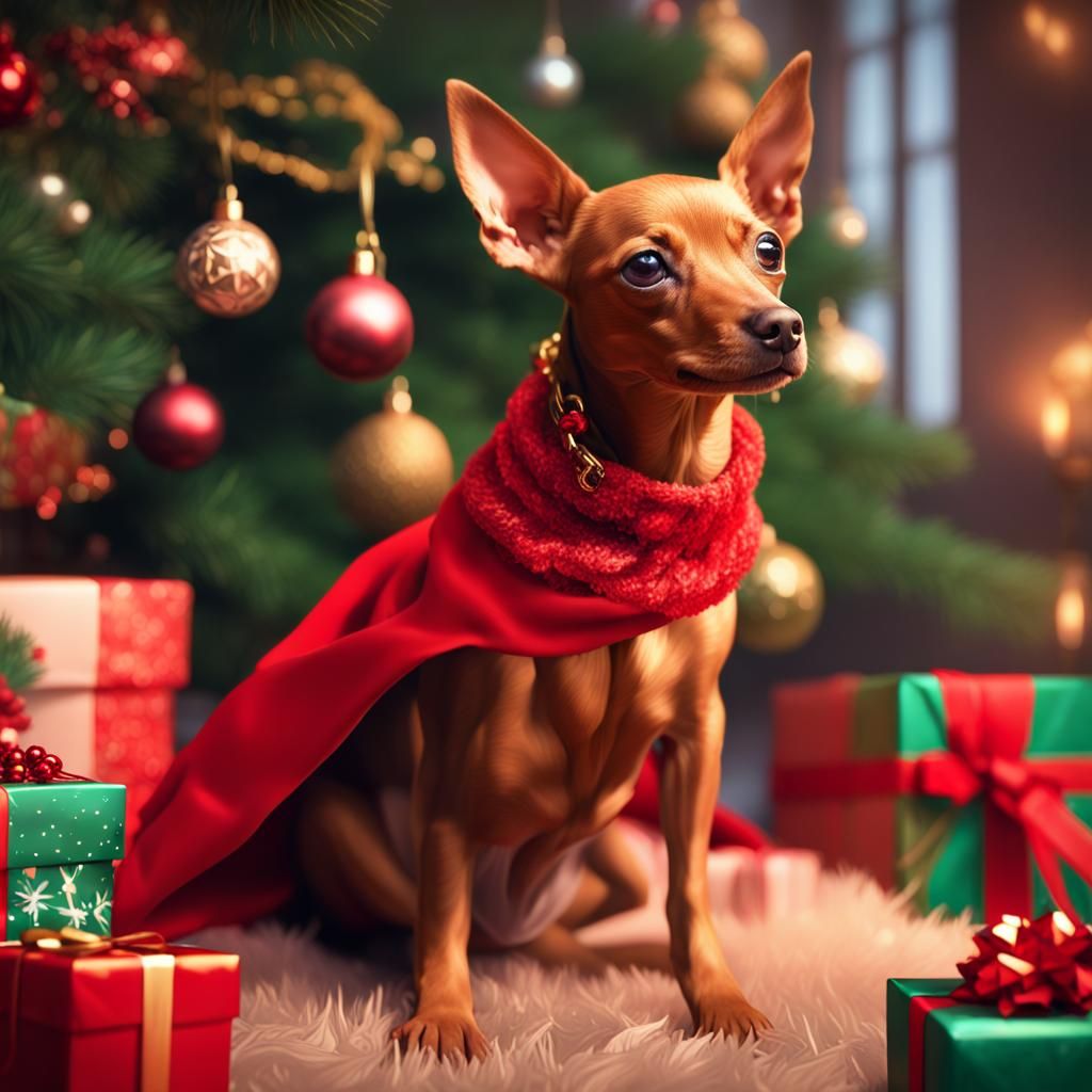 Miniature Pinscher Christmas Portrait in Digital Art Style