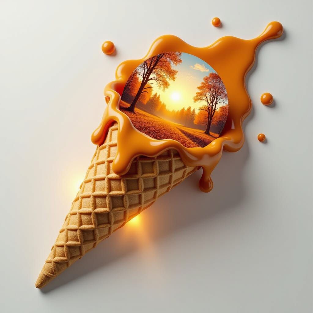 3D Waffle Cone With Caramel And Holographic Landscape