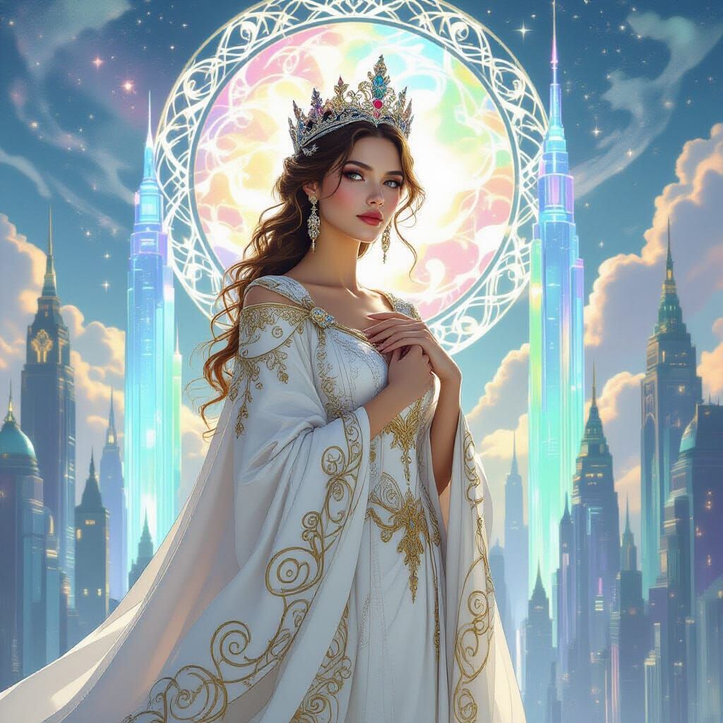 Celestial Queen in Futuristic Cityscape Art Nouveau