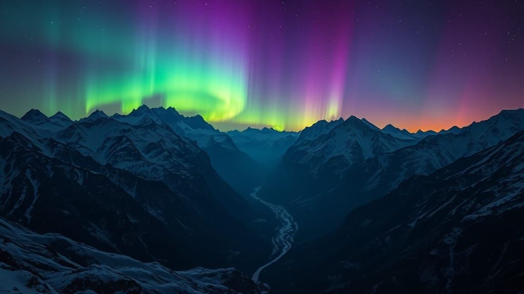 Majestic Mountain Valley Vista with Northern Lights