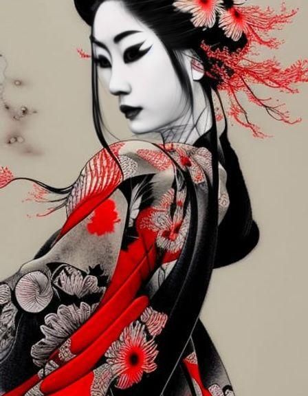 Geisha in Red Kimono: Detailed Gouache Painting