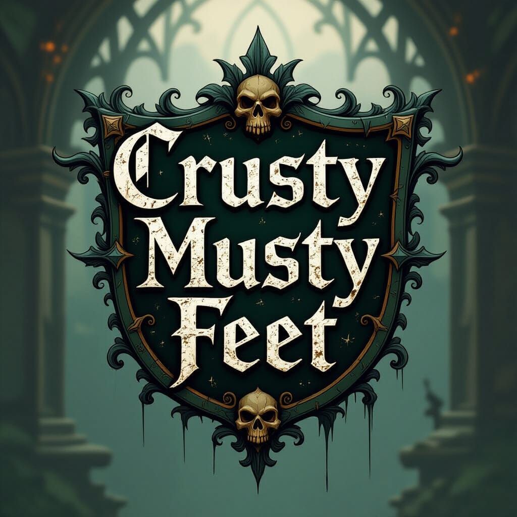 Gothic Crest with Ornate "Crusty Musty Feet" Lettering