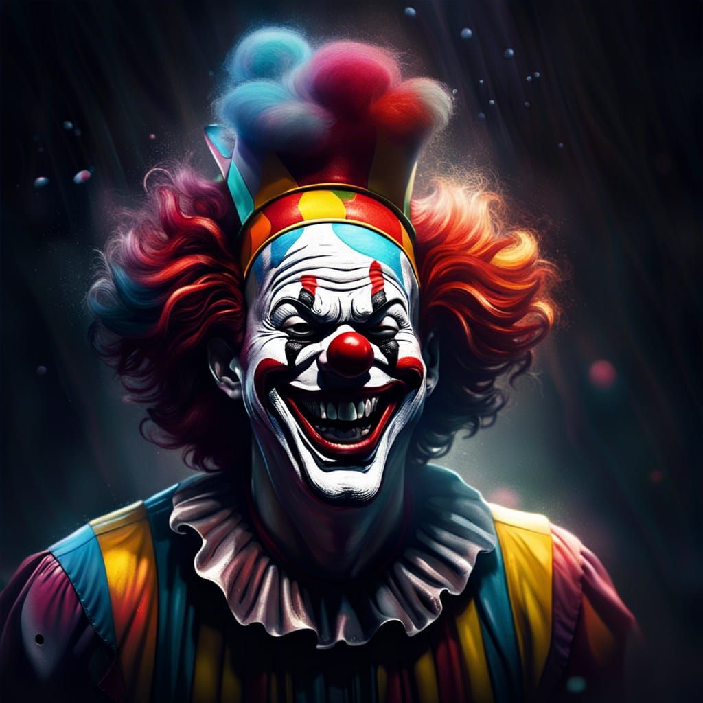 Hyperrealistic Clown Laughing in Misty Park