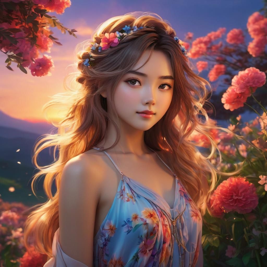 Beautiful Anime Girl Portrait with Sunset Background