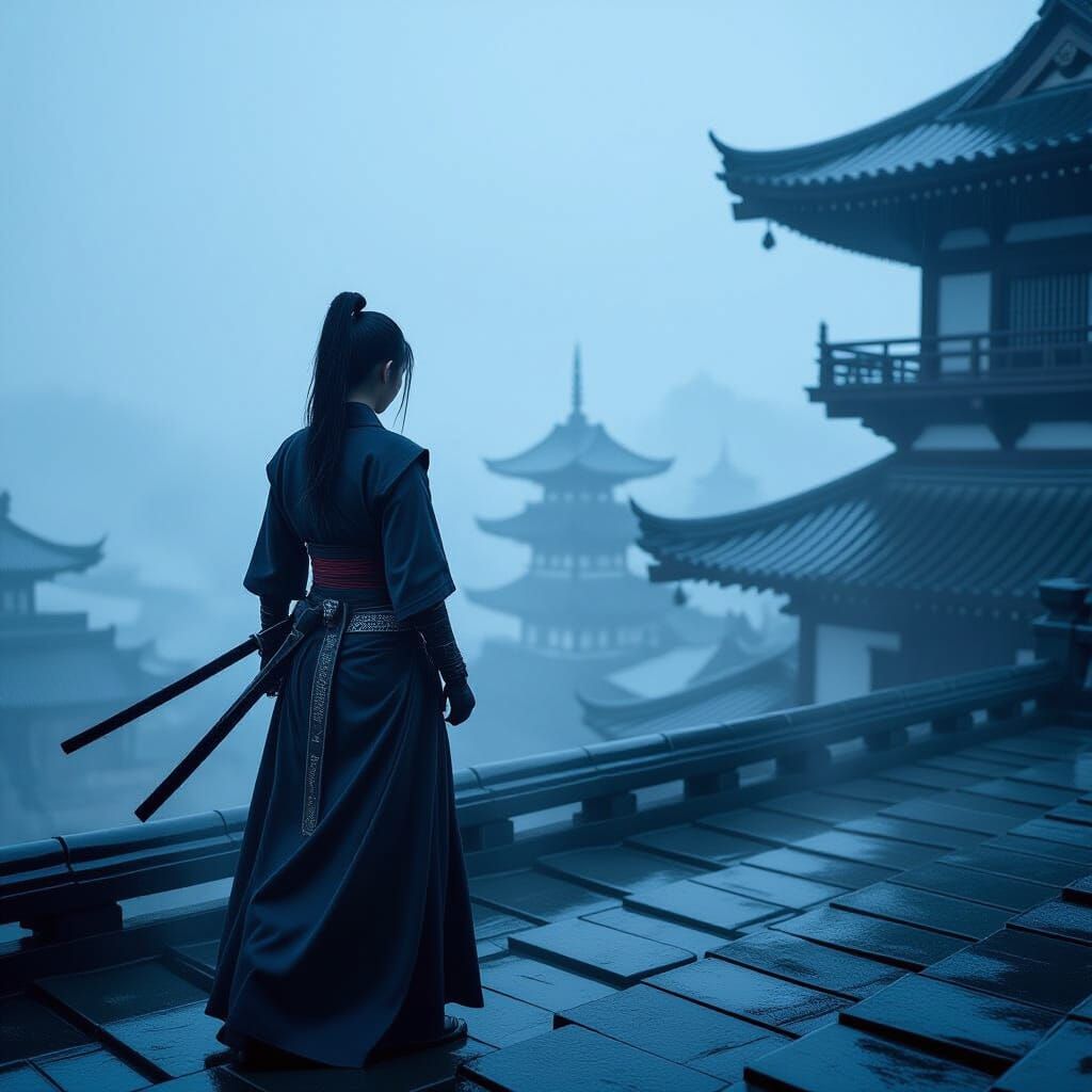 Female Ninja Stalks Rooftop in Feudal Japan