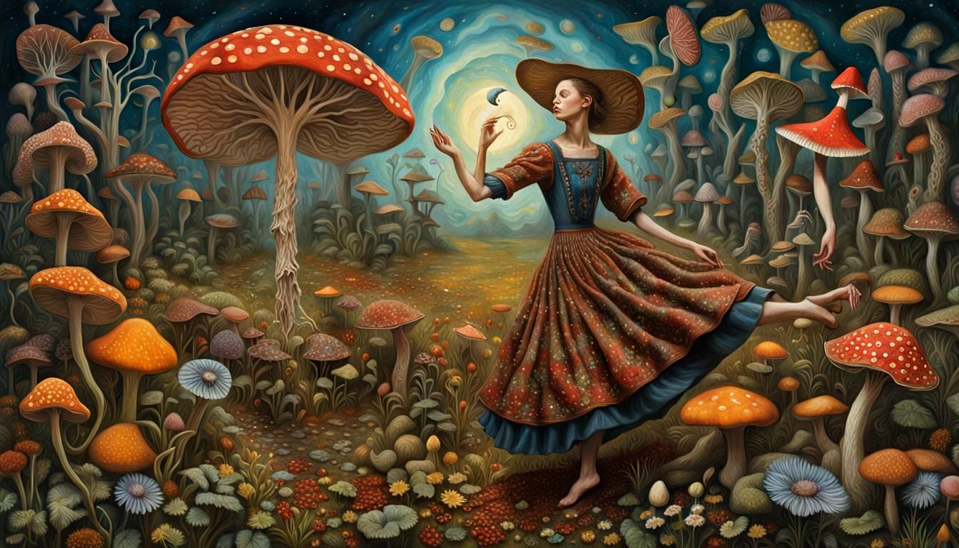 Surreal Fungi Hunter's Tango of Flowers and Herbs