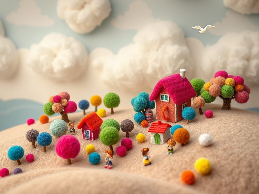 Handcrafted Pom Pom Village Under Cotton Candy Sky