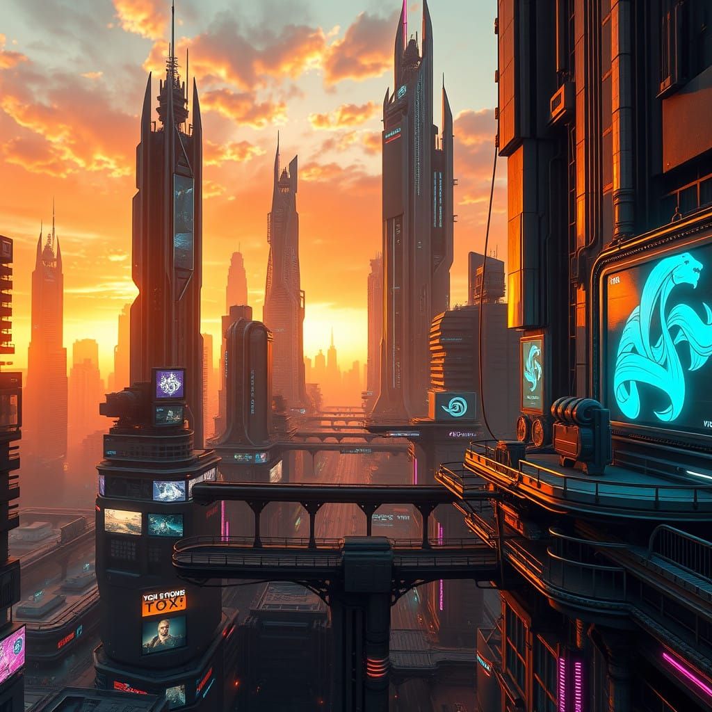 Cyberpunk Cityscape at Sunset with Neon Lights