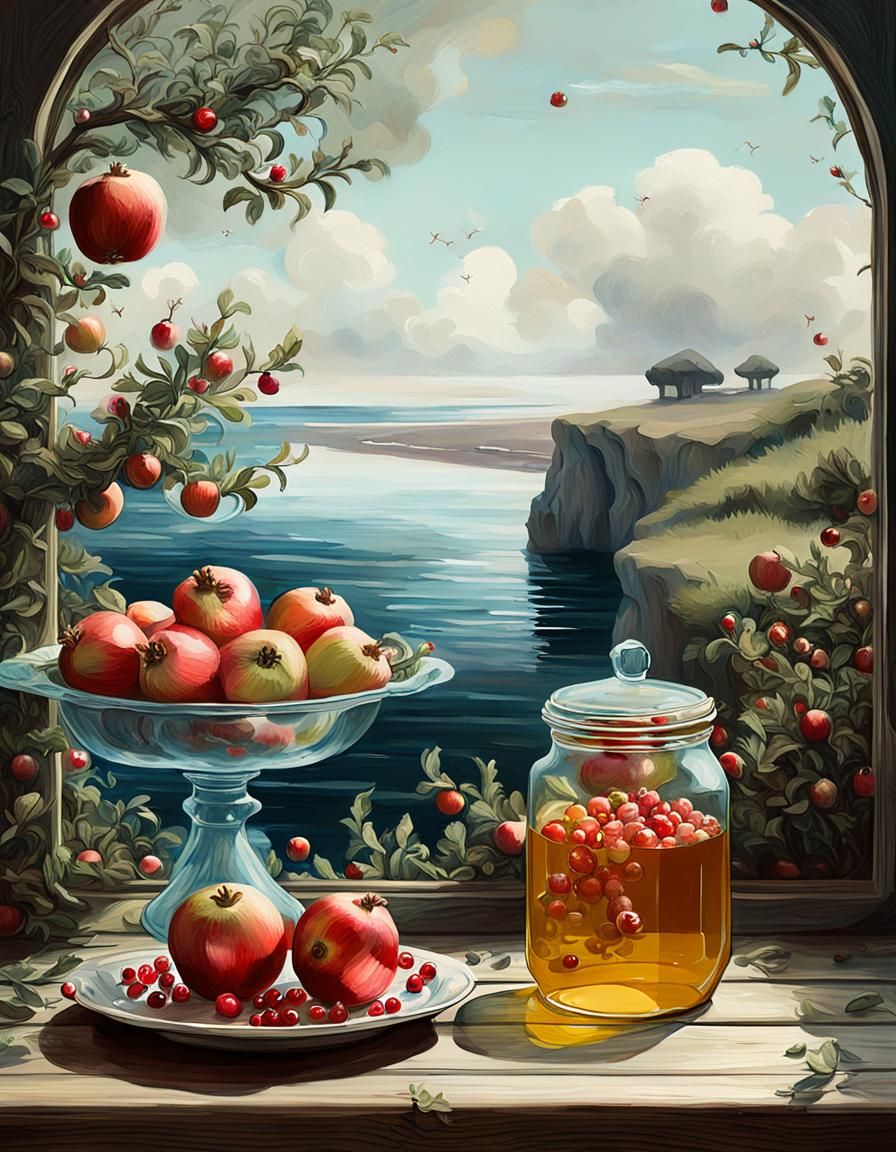Surreal Seascape with Fruit, Digital Art in Rococo Style