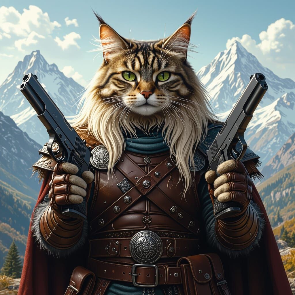 Viking Cat Warrior with Pistols in Mountain Landscape