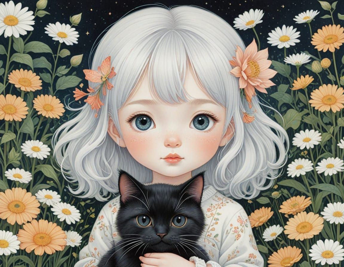 Toddler and Cat in Whimsical Fine Art Style