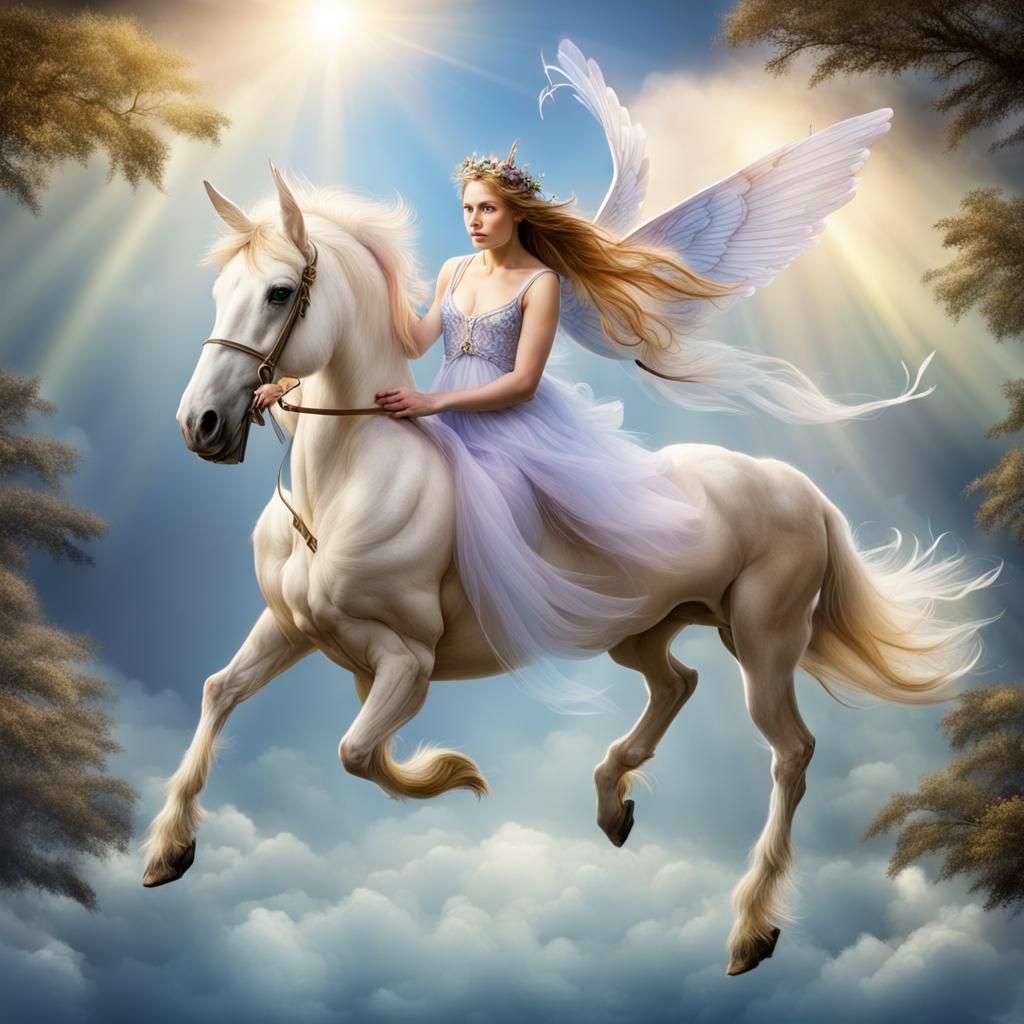 Fairy Riding Pegasus Through the Sky