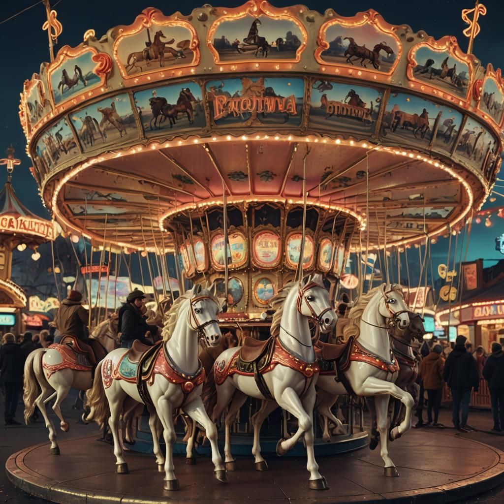 Vintage Carousel at Night: Hyperrealistic Digital Painting