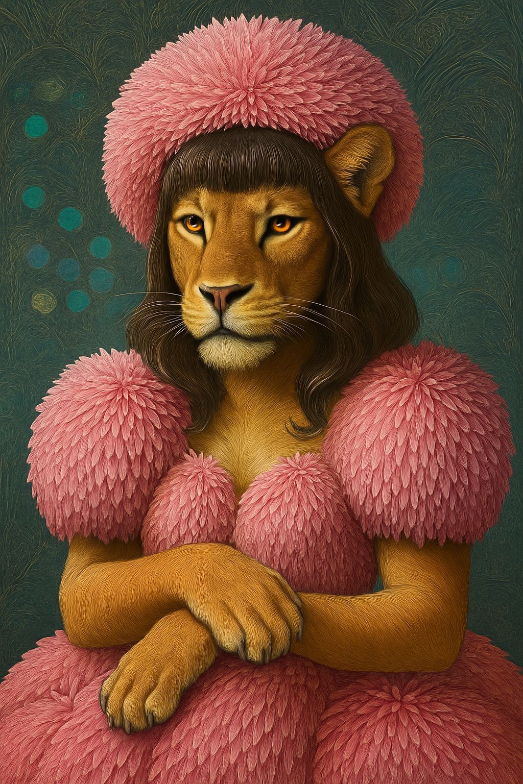 Chrysimodelion: lioness wearing a chrysanthemum dress like a fashion model