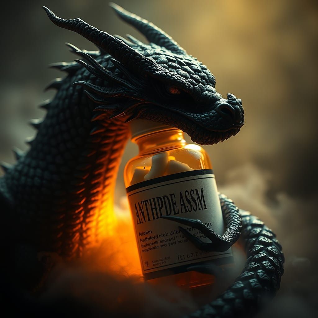 Dragon Guarding Antidepressants in Dark Fantasy Style