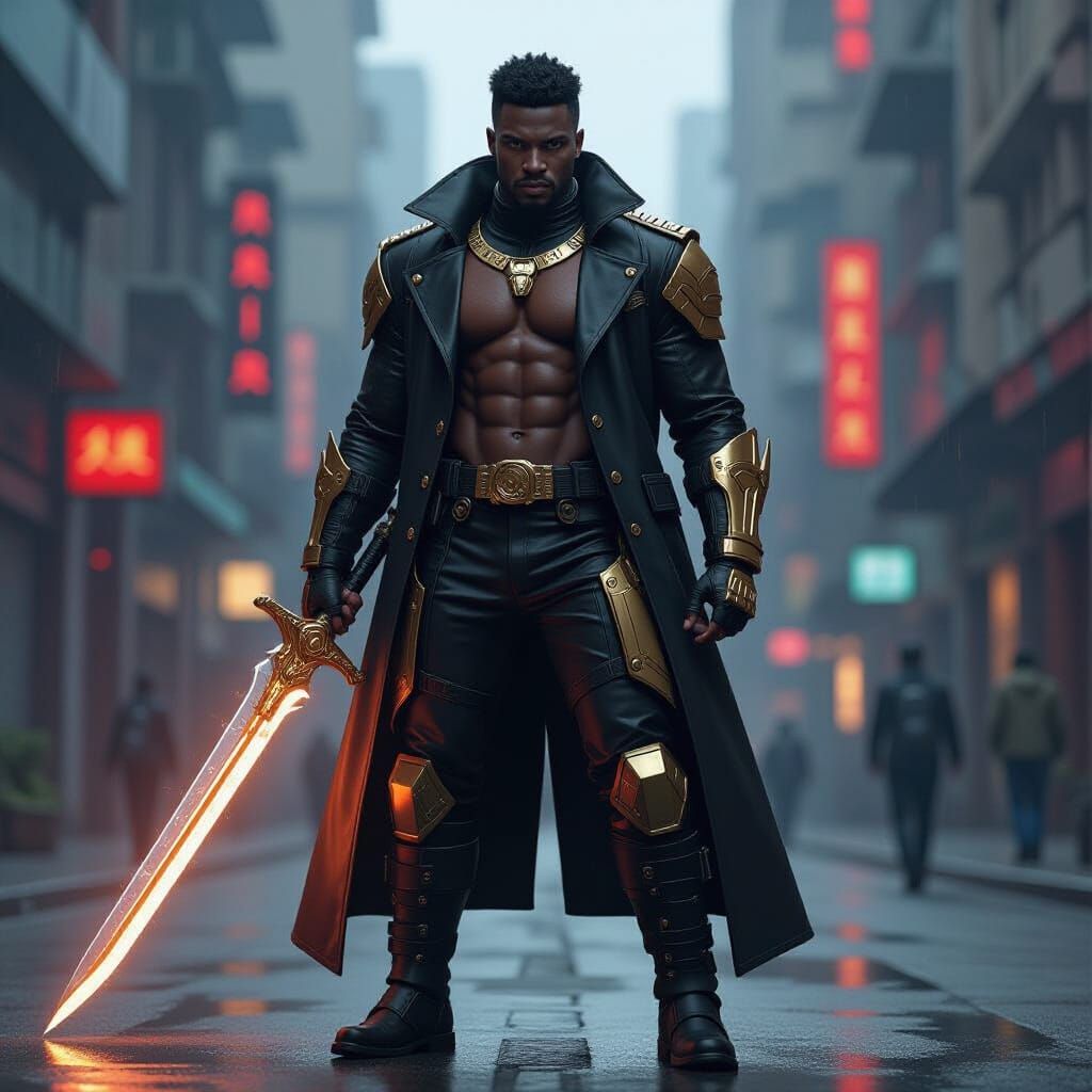 African Warrior God in Futuristic Cyberpunk City