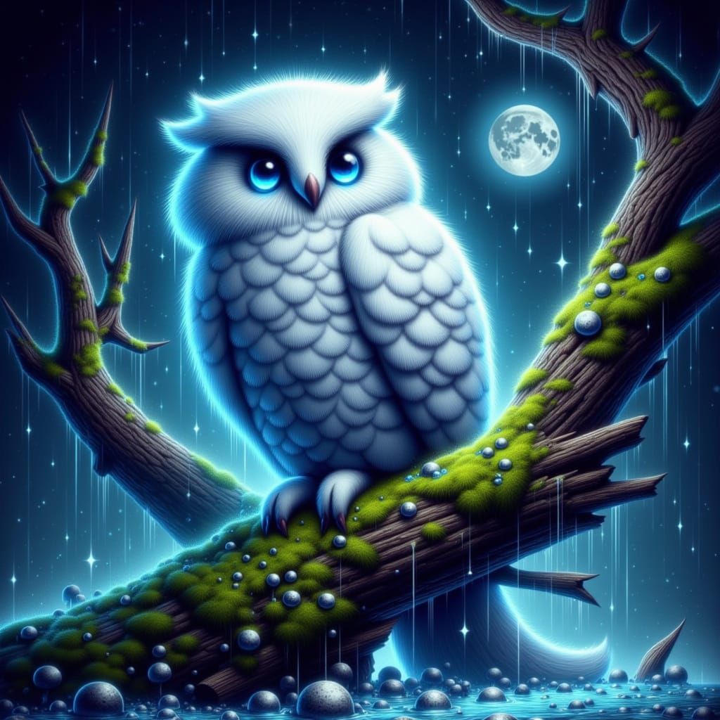 Majestic White Owl on Ancient Oak Under Starry Sky