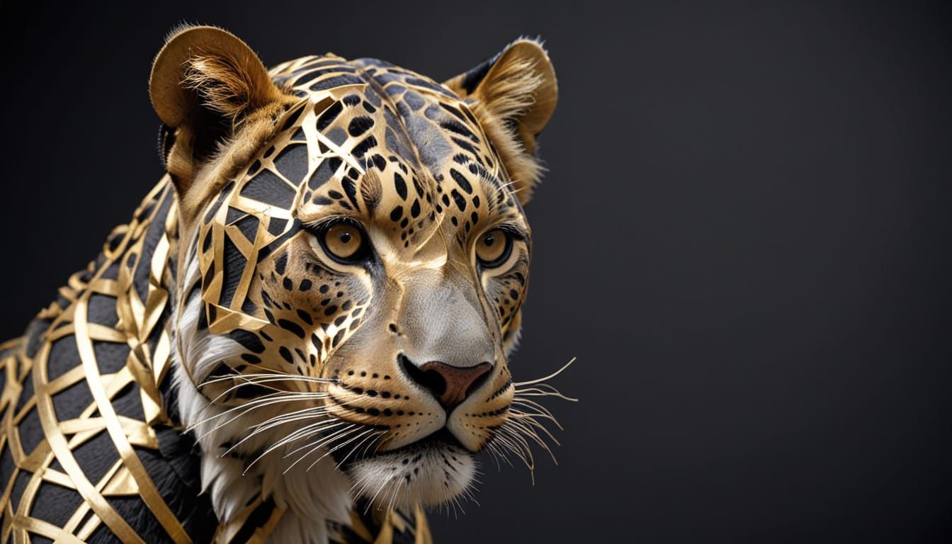 Lion and Leopard Heads with Golden Geometric Lines