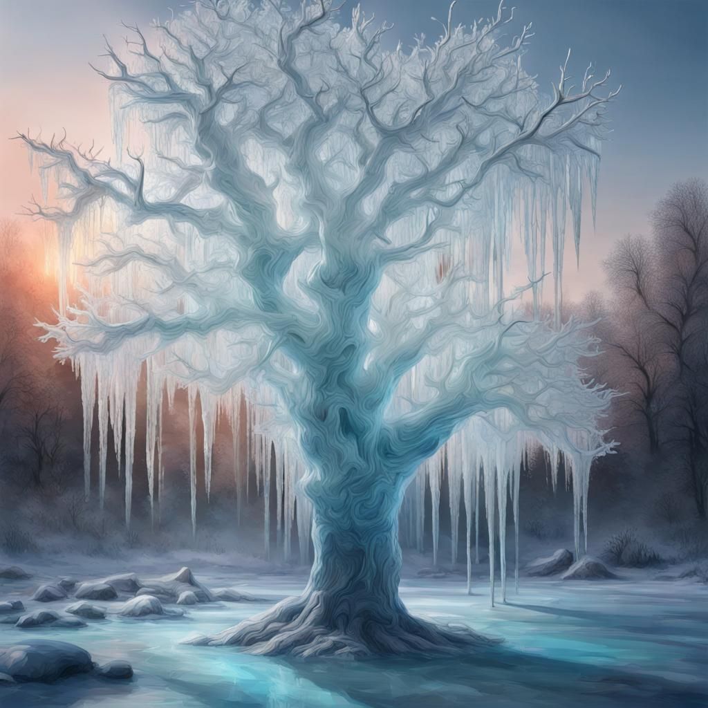 Translucent Ice Tree in Frozen Forest: Hyperrealistic Art