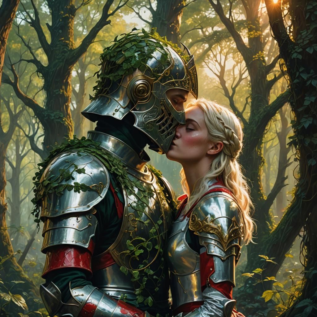 Knights' Passionate Kiss in Dystopian Forest: Cinematic Oil ...