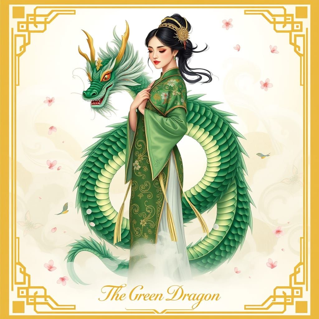 Mystical Green Dragon Tarot Card in Art Nouveau Style