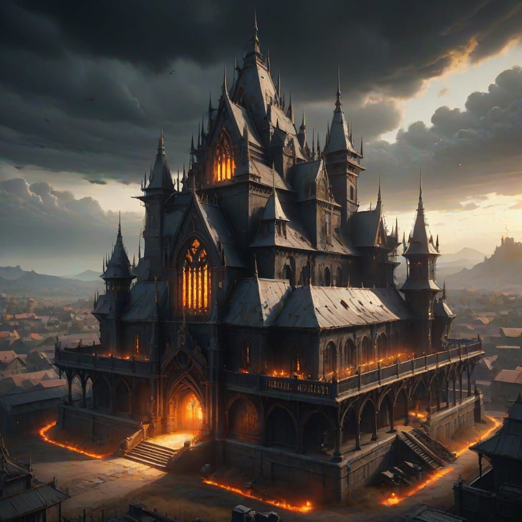 Gothic Industrial Palace Amidst a Dark, Ominous Landscape