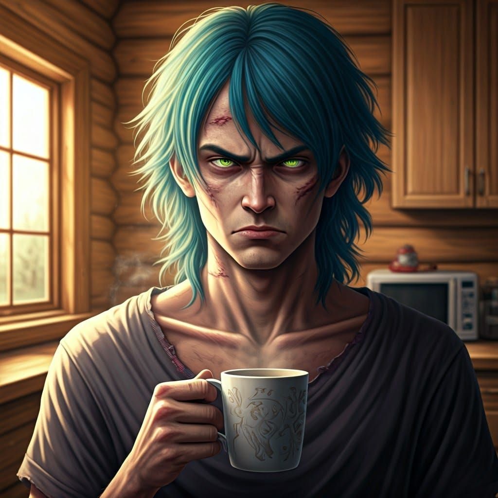 Frustrated Young Man with Coffee in Sunny Kitchen