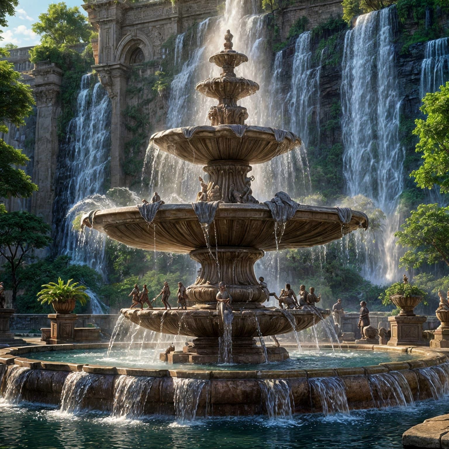 Waterfall Flows into Fountain: Detailed Matte Painting