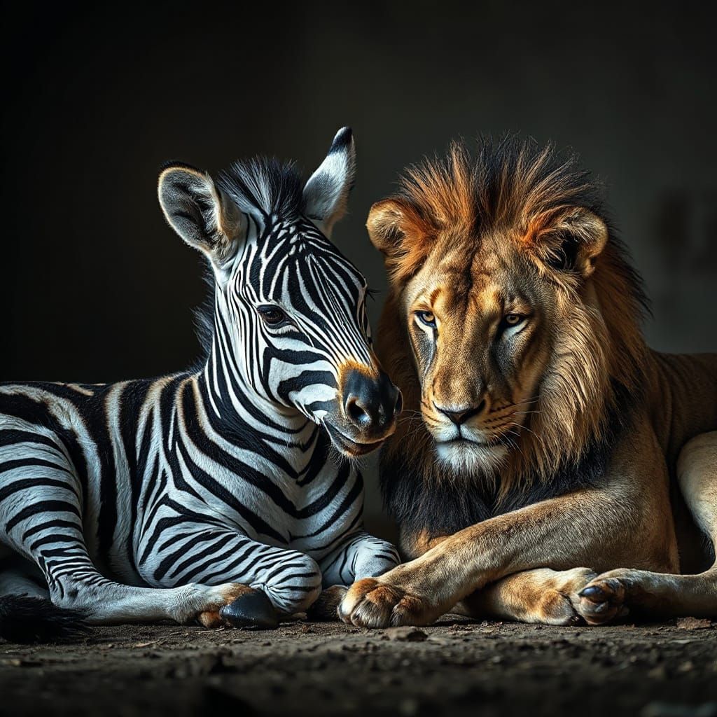 Photorealistic Zebra and Lion in Warm Companionship