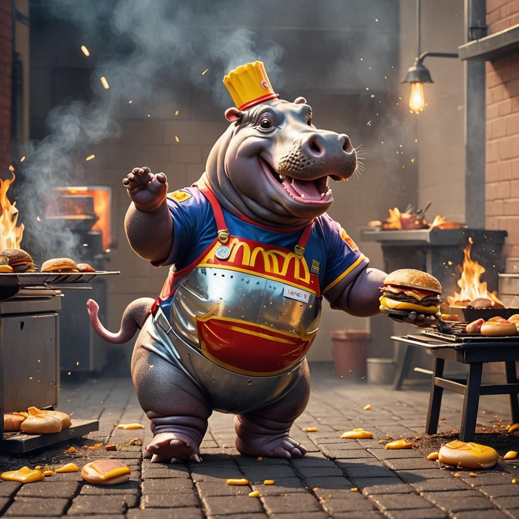 Hippo Working at McDonald's, Digital Illustration