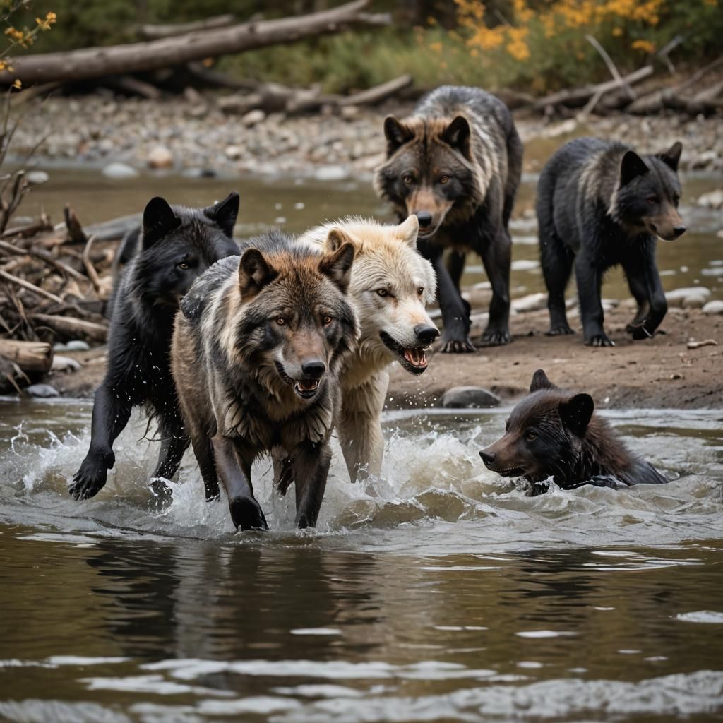 Wolf Pack and Bears in River: Wildlife Photography