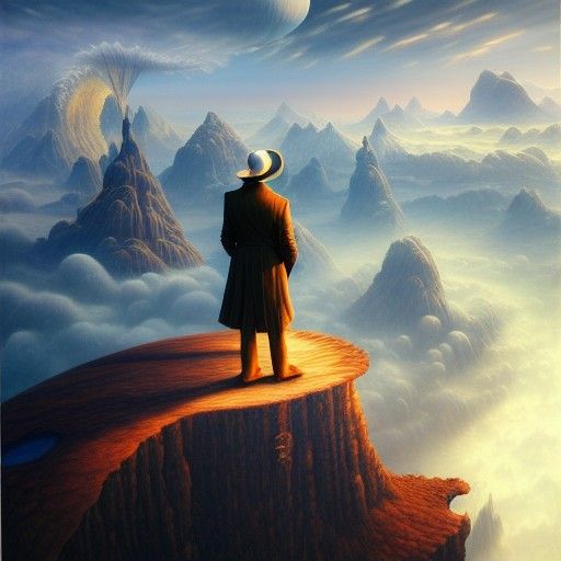 Man at World's Edge in Hyperrealistic Oil Painting