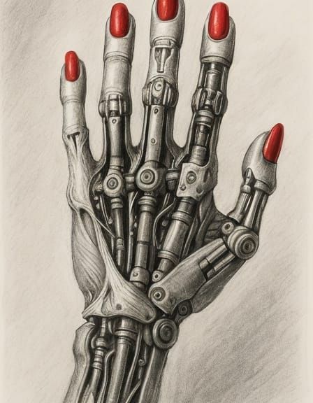 Mechanical Hand with Red Nails in Digital Art Style