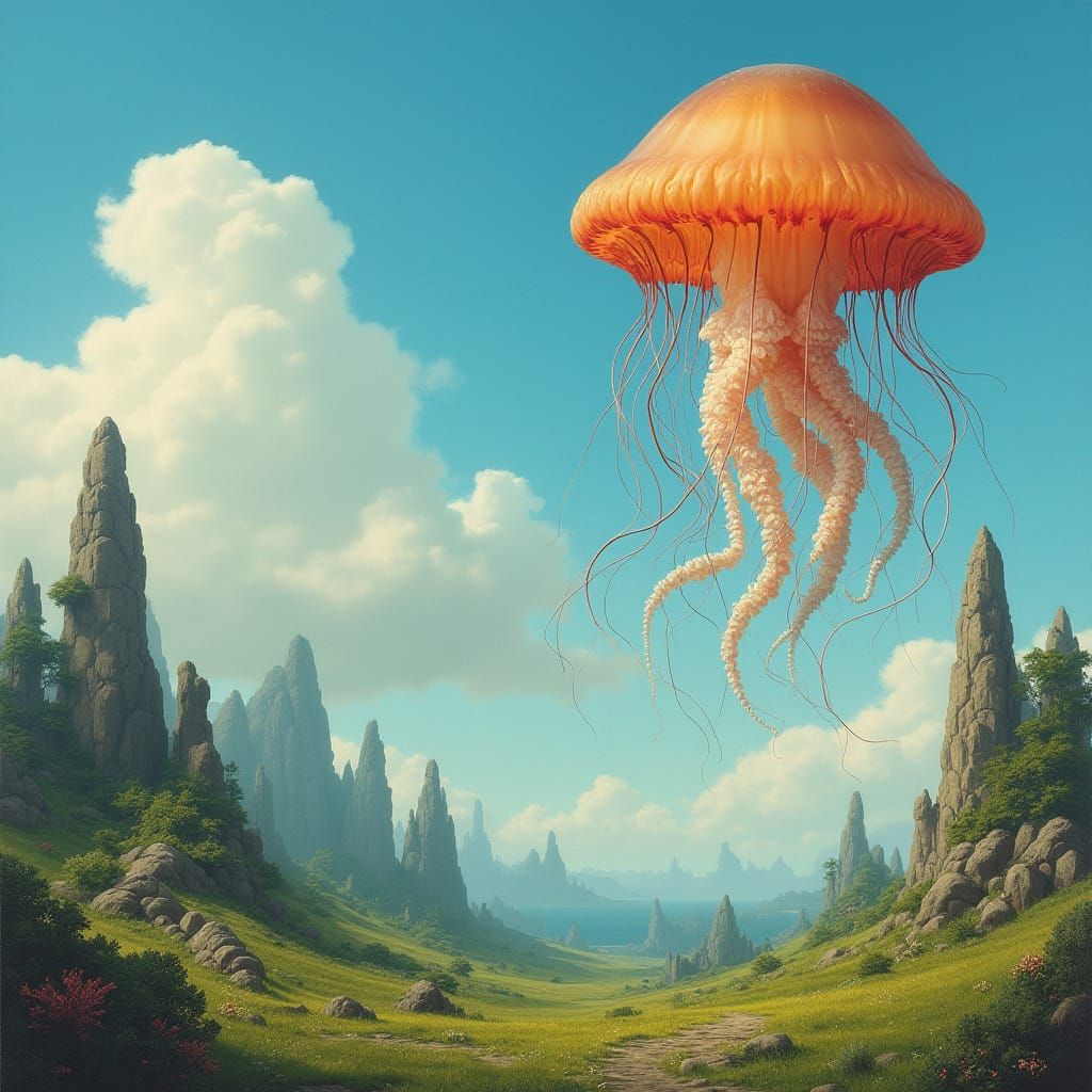 Surreal Dreamscape with Floating Jellyfish and Rock Formatio...